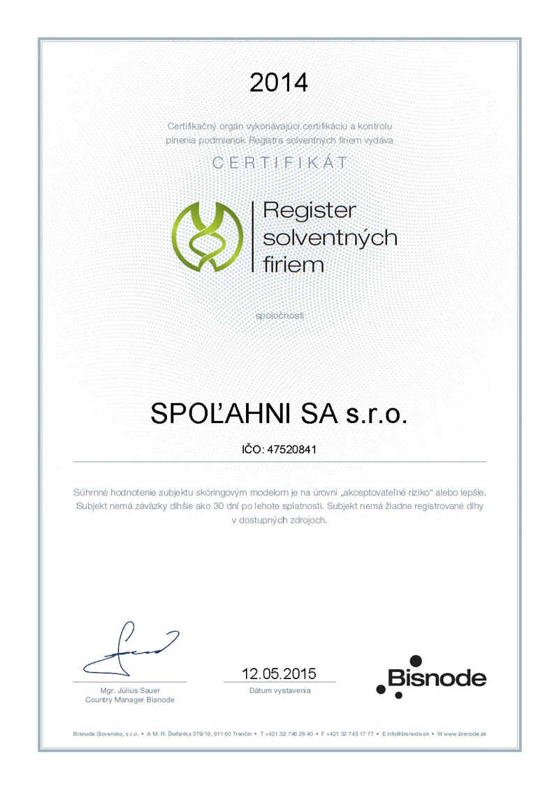Certifikát - Register solventných firiem